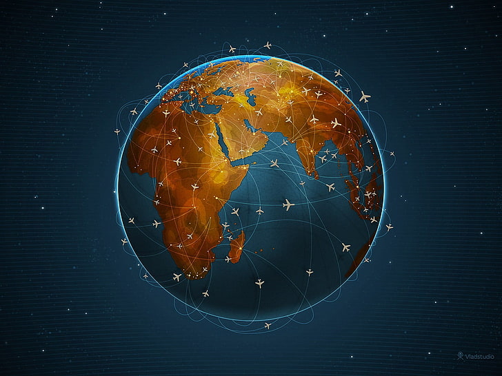 Tierra marrón y azul con ilustración de forma de avión, tierra, avión, Vladstudio, arte espacial, espacio, planeta, avión, tráfico, Fondo de pantalla HD