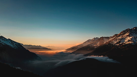 black-and-white mountains, clouds, mountains, Sun, sunrise, HD wallpaper HD wallpaper
