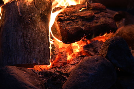 brown firewood, fire, red, burning, Sweden, campsite, campfire, HD wallpaper HD wallpaper