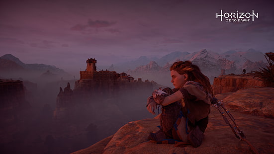 Horizont: Zero Dawn, Screenshot, Aloy (Horizont: Zero Dawn), Berge, Landschaft, Isolation, HD-Hintergrundbild HD wallpaper