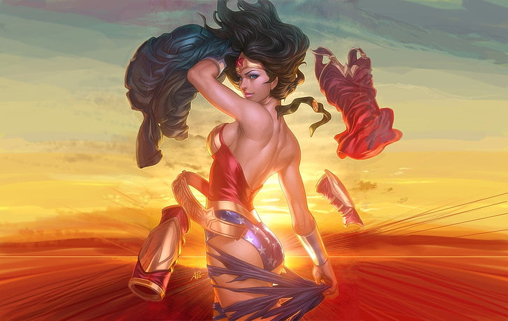 Wonder Woman artwork, комиксы, Wonder Woman, черные волосы, голубые глаза, браслет, корона, комиксы DC, небо, HD обои