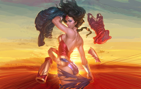 Изкуство на Wonder Woman, Комикси, Wonder Woman, Черна коса, Сини очи, Гривна, Crown, DC Comics, Sky, HD тапет HD wallpaper