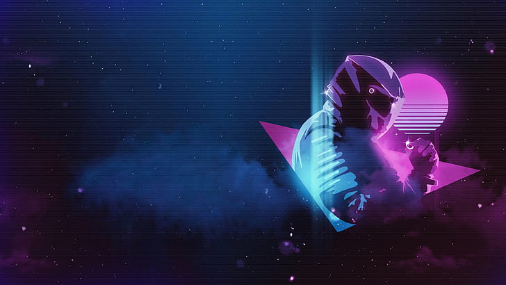 3733x2100 px, Monstercat, Motorcyclist, musician, nebula, neon, New Retro Wave, Pylot, scanlines, space, synthwave, HD wallpaper