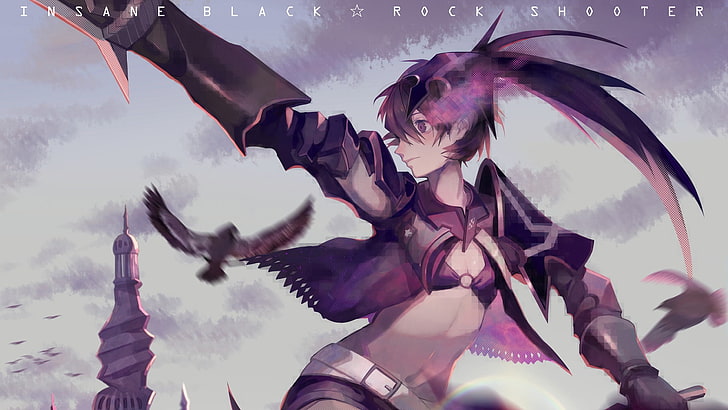 purpurrote behaarte weibliche Animecharakterillustration, schwarzer Rock-Shooter, Animemädchen, Anime, HD-Hintergrundbild