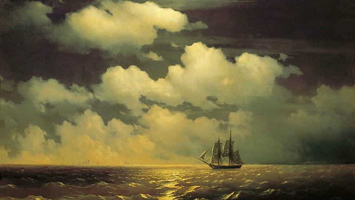 dzieło sztuki, sztuka klasyczna, chmury, horyzont, Ivan Aivazovsky, ivan konstantinovich aivazovsky, malarstwo, żaglowiec, morze, woda, fale, Tapety HD