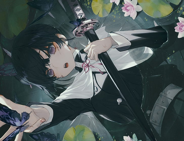 Kimetsu no Yaiba, Kanao Tsuyuri, черные волосы, фиолетовые глаза, катана, вода, плащ, униформа, цветы, короткие волосы, меч, HD обои