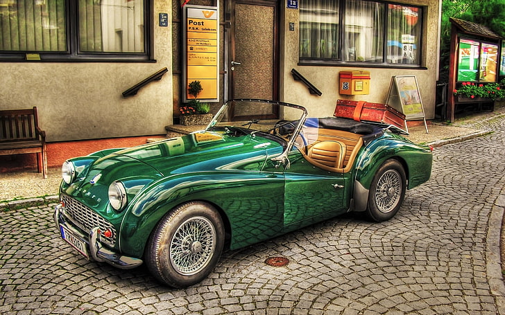 classic green convertible coupe, car, green, vintage, retro, old, cabriolet, old style, Triumph TR3, old car, HD wallpaper