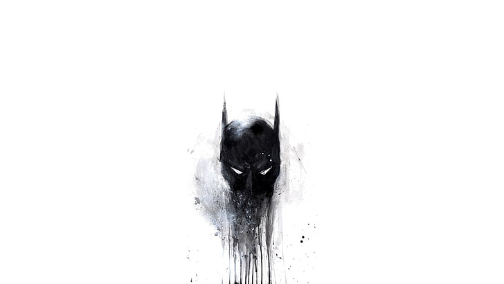 Ilustrasi Batman, foto karya seni Batman, seni digital, minimalis, sederhana, Batman, topeng, lukisan, DC Comics, cat splatter, fiksi, hitam, monokrom, Wallpaper HD