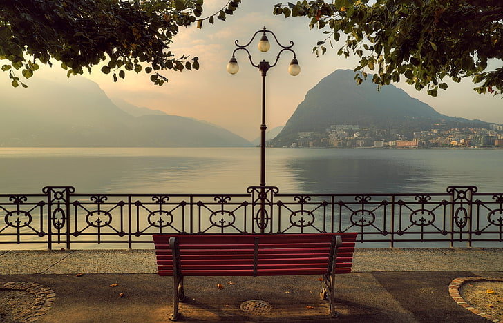 red wooden bench, mountains, bench, lake, Switzerland, Alps, lantern, promenade, Lake Lugano, Ticino, Lugano, HD wallpaper