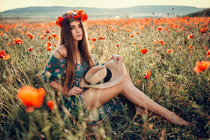 Hut, Pflanzen, Frauen, Modell, Blumen, Evgeny Freyer, Beine, HD-Hintergrundbild