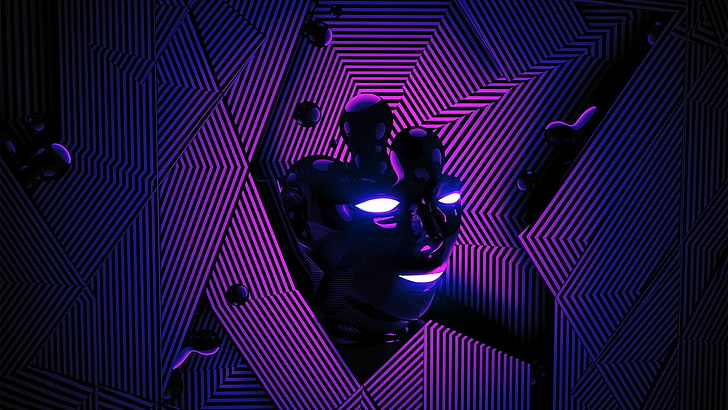 dua robot yang membentuk ilustrasi wajah manusia, seni digital, render, abstrak, garis, wajah, biru, ungu, Wallpaper HD