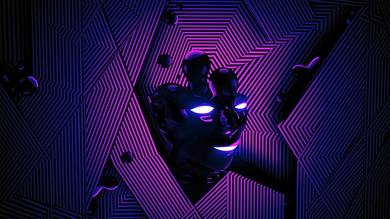 два робота, формирующие человеческое лицо, иллюстрация, цифровое искусство, рендер, аннотация, линии, лицо, синий, фиолетовый, HD обои HD wallpaper