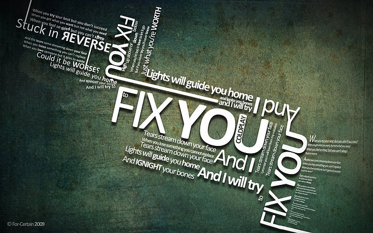 fix you tag words, Coldplay, typography, lyrics, grunge, music, HD wallpaper