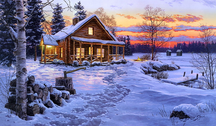 кафява дървена къща, зима, сняг, къща, огън, смърч, вечерта, огънят, дърво, бреза, хижа, брадва, живопис, Нега, Даръл Буш, зимно блаженство, HD тапет