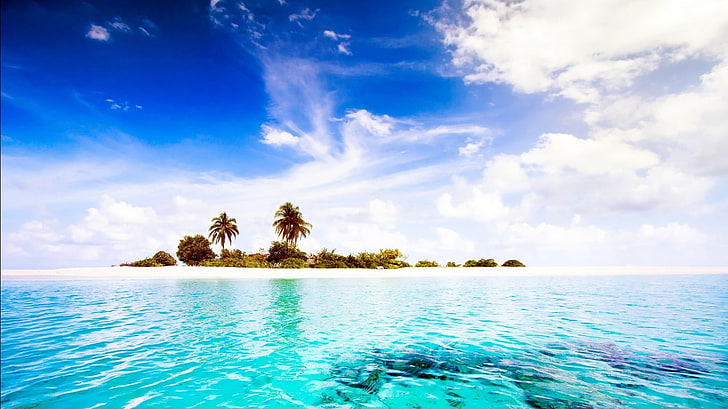 wyspa z tapetą kokosową, morze, wyspa Dhiggiri, Malediwy, przyroda, chmury, woda, niebo, tropikalny, wyspa, palmy, Tapety HD
