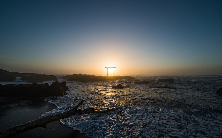 natureza, pôr do sol, mar, Japão, torii, HD papel de parede