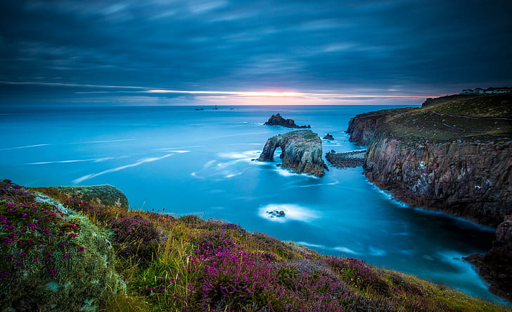 laut, bebatuan, pantai, Inggris, Cornwall, Laut Celtic, Cape land's End, Land's End, Wallpaper HD