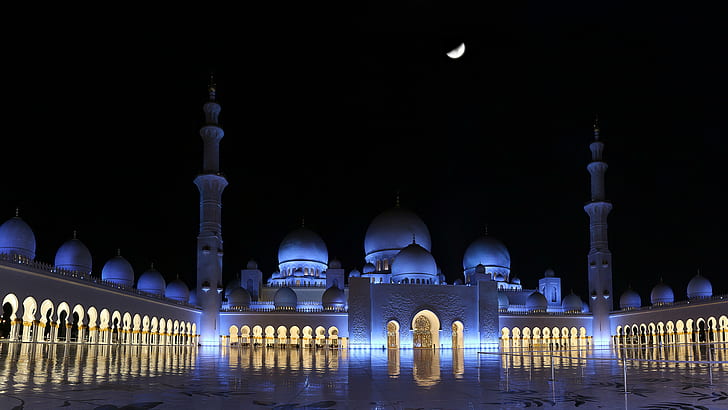 mosquée cheikh zayed, mosquée, émirats arabes unis, eau, abu dhabi, nuit, lieu de culte, bâtiment, réflexion, indo-islamique, islamique, architecture, persan, moyen-orient, obscurité, religion, Fond d'écran HD