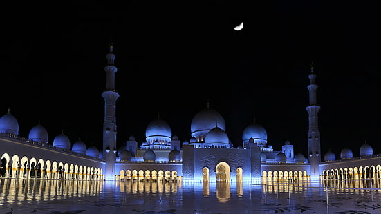 sheikh zayed mosque, mosque, united arab emirates, uae, abu dhabi, night, place of worship, building, reflection, indo-islamic, islamic, architecture, persian, middle east, darkness, religion, HD wallpaper HD wallpaper
