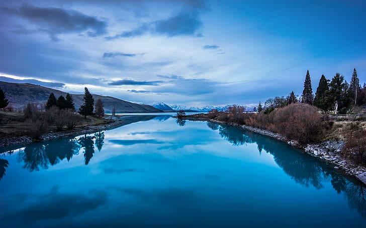 ธรรมชาติภูมิทัศน์สะท้อนทะเลสาบท้องฟ้าสีฟ้าภูเขาน้ำนิ่งแม่น้ำ, วอลล์เปเปอร์ HD