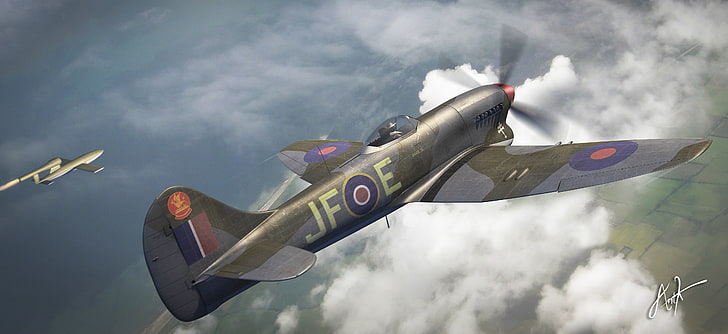 gray and brown monoplane, the sky, figure, fighter, art, aircraft, British, German, WW2, single, and the Fieseler Fi 103, The Hawker Tempest, Hawker Tempest, doodlebug, HD wallpaper