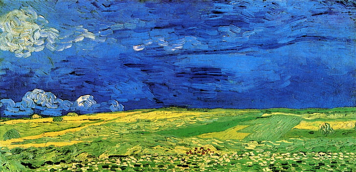 Vincent van Gogh, vetefält under, molnig himmel, HD tapet