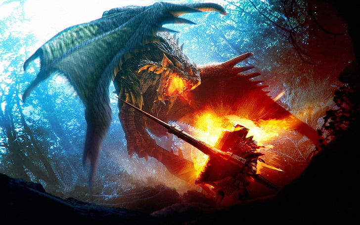 fond d'écran numérique dragon et guerrier, jeux vidéo, dragon, art fantastique, lance, feu, forêt, Monster Hunter: World, Fond d'écran HD