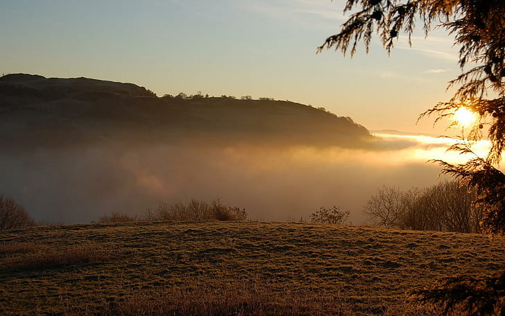 Brumoso amanecer en el valle, suelo marrón, naturaleza, 1920x1200, árbol, montaña, amanecer, valle, Fondo de pantalla HD