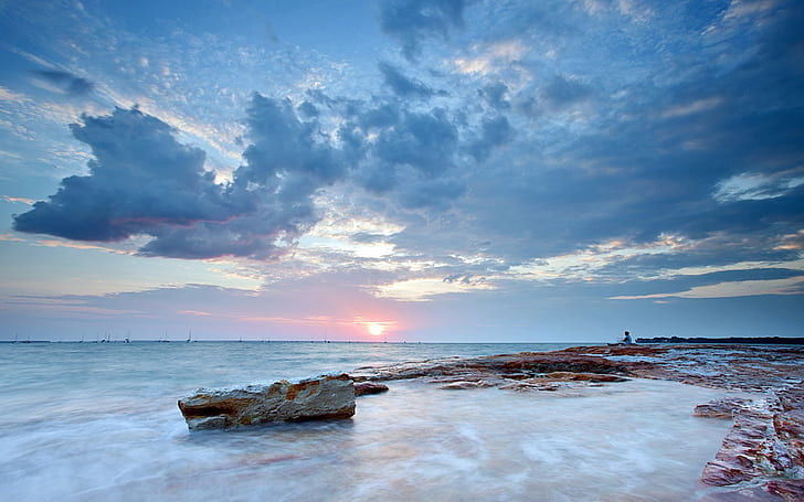 Sunset Ocean Rocks Stones Clouds HD, nature, ocean, clouds, sunset, rocks, stones, HD wallpaper