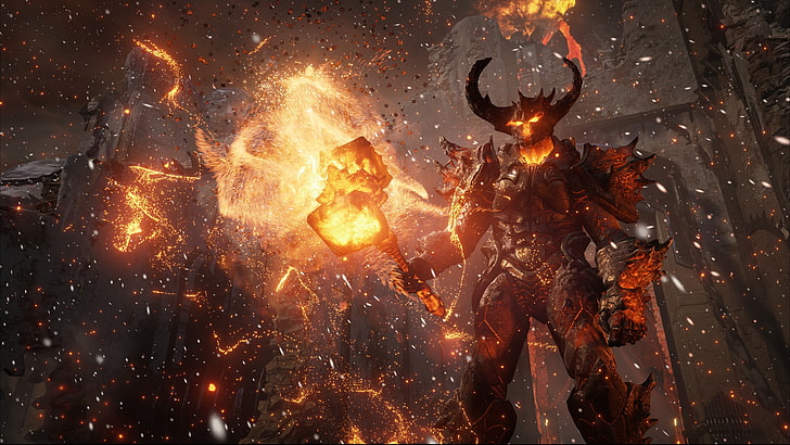 horned monster holding hammer digital wallpaper, Unreal Engine 4 , video games, fortress, fantasy weapon, demon, fire, snow, hills, hammer, HD wallpaper