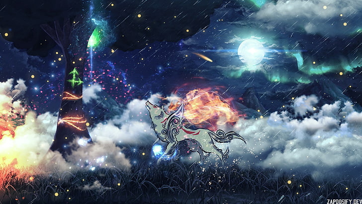 Ilustración animada del lobo, ilustraciones, lobo, luna, auroras, hierba, árboles, Okami, Fondo de pantalla HD