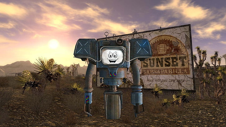 روبوت CRT رمادي اللون بالقرب من لافتة طريق غروب الشمس ، تداعيات ، تداعيات: نيو فيغاس ، ألعاب فيديو ، نعم يا رجل، خلفية HD