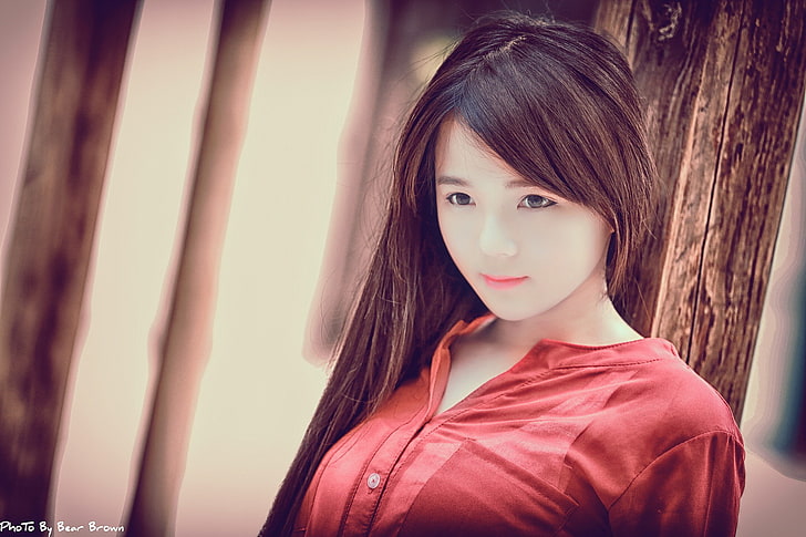 Asian, women, red shirt, brunette, long hair, looking away, portrait, smiling, eyeliner, HD wallpaper