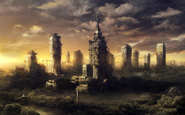 многоэтажка, город, руины, постапокалипсис, HD обои