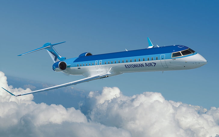 Estonian Air CRJ 900, white and blue Estonian Air airplane, Aircrafts / Planes, Commercial Aircraft, plane, aircraft, HD wallpaper