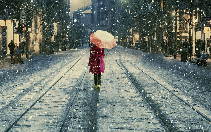 pancing hitam dan merah, payung, musim dingin, salju, kereta api, Istanbul, Wallpaper HD