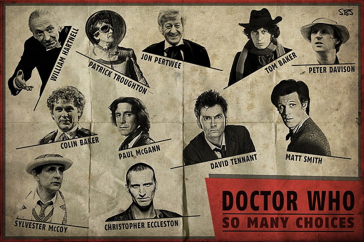 Doctor Who So Many Choices poster, Doctor Who, The Doctor, David Tennant, Christopher Eccleston, Matt Smith, Tom Baker, artwork, HD wallpaper