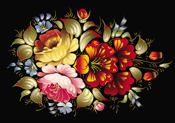 illustrazione di fiori, fiori, modello, figura, petalo, pittura, Khokhloma, Sfondo HD