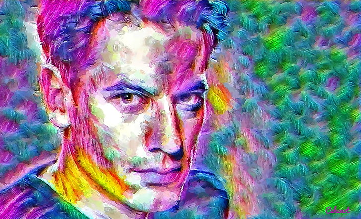 Ioan Gruffudd, colorful, art, yellow, man, cehenot, abstract, green, painting, face, portrait, pictura, pink, actor, blue, HD wallpaper