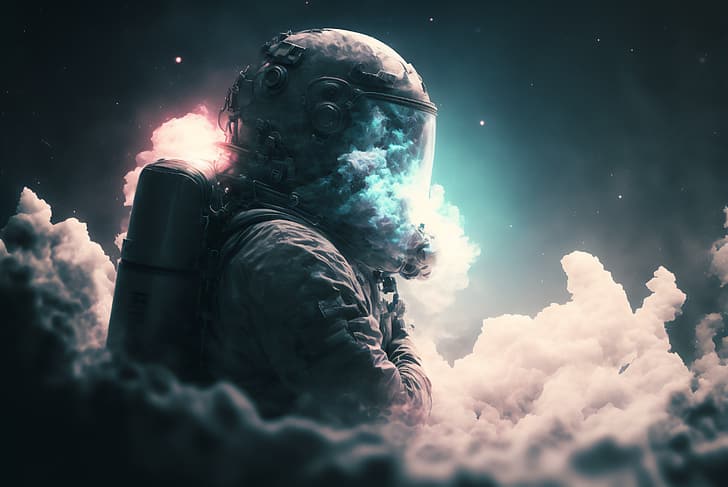 AI art, clouds, astronaut, spacesuit, HD wallpaper