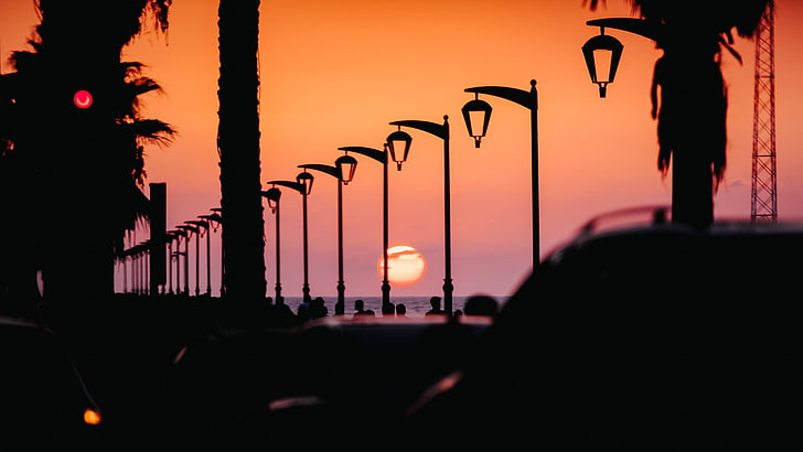 puesta de sol, playa, palmeras, automóvil, poste de electricidad, OutRun, Fondo de pantalla HD