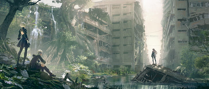 Nier: Automata, 2B, 9S, A2, video games, ruin, cityscape, apocalyptic, nature, trees, building, waterfall, HD wallpaper