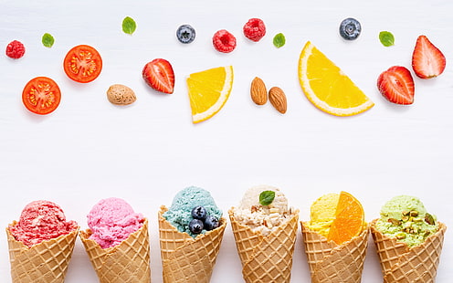  berries, colorful, ice cream, fruit, horn, cone, HD wallpaper HD wallpaper