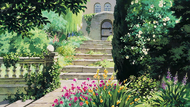 зелено-розовая цветочная композиция, лестница, сад, студия Ghibli, HD обои