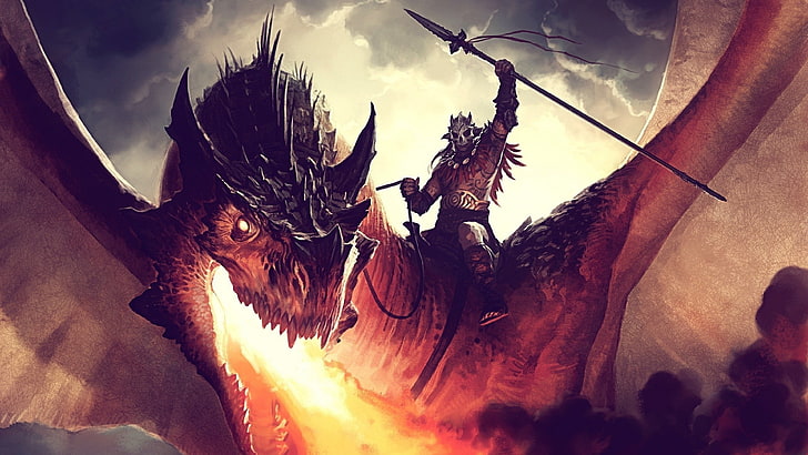 illustration d'un homme chevauchant un dragon, oeuvre d'art, art numérique, art fantastique, dragon, guerrier, Fond d'écran HD