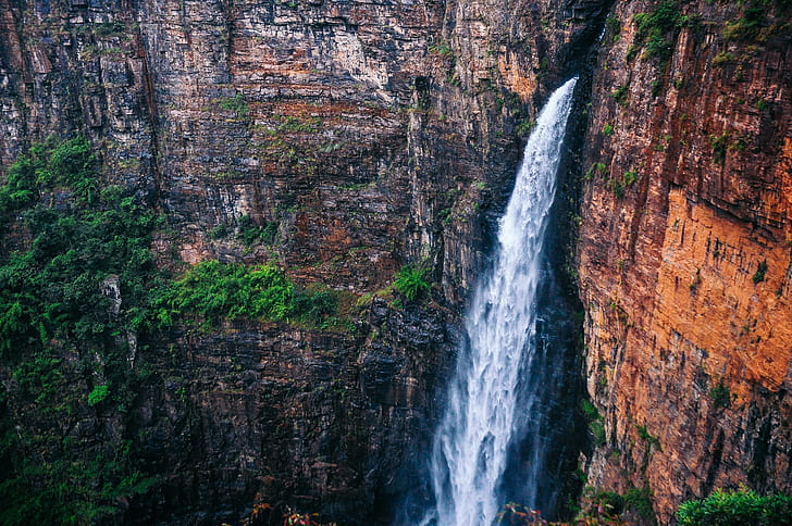 водопад, скала, природа, планини, HD тапет