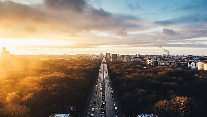 aerial photography of road at daytime, aerial photography of a road between trees, cityscape, landscape, forest, road, Berlin, Germany, city, Sun, photography, Photoshop, HD wallpaper