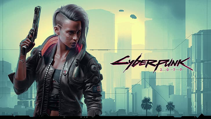 Cyberpunk 2077, paisaje urbano, pistola, palmeras, arte de videojuegos, videojuegos, Fondo de pantalla HD
