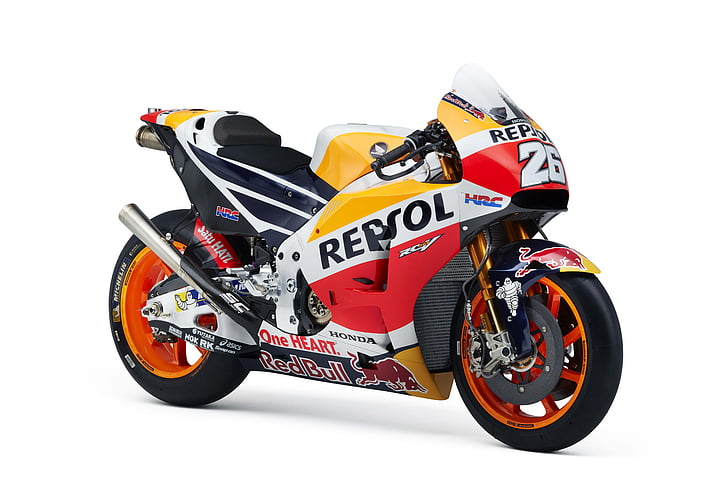 Vélo de sport Repsol et Redbull jaune et rouge, Honda RC213V, Repsol Honda Team, MotoGP Racebike, 4K, 8K, Fond d'écran HD