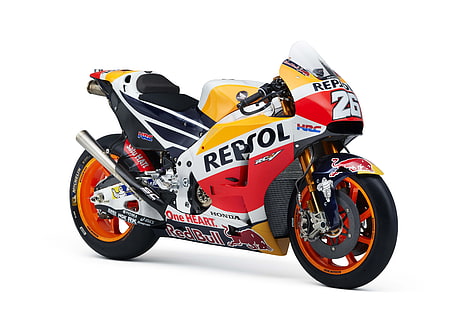 Bicicleta deportiva amarilla y roja Repsol y Redbull, Honda RC213V, Repsol Honda Team, MotoGP Racebike, 4K, 8K, Fondo de pantalla HD HD wallpaper
